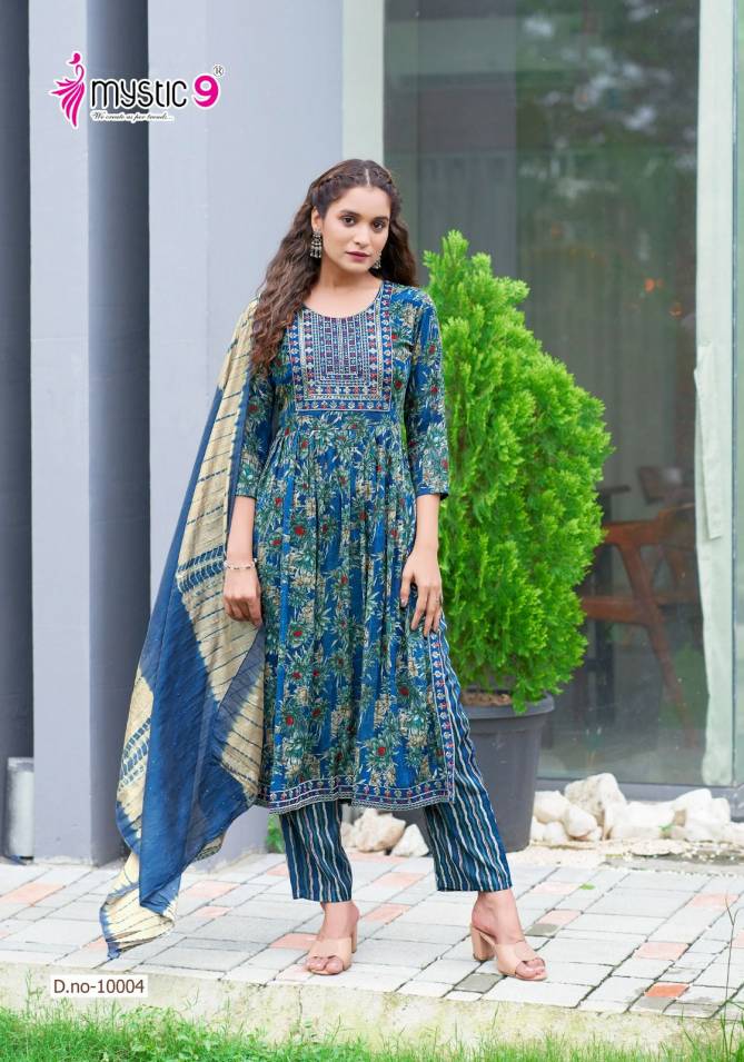 Sara Vol 10 By Mystic 9 Rayon Embroidery Printed Kurti With Bottom Dupatta Wholesale Shop In Surat
